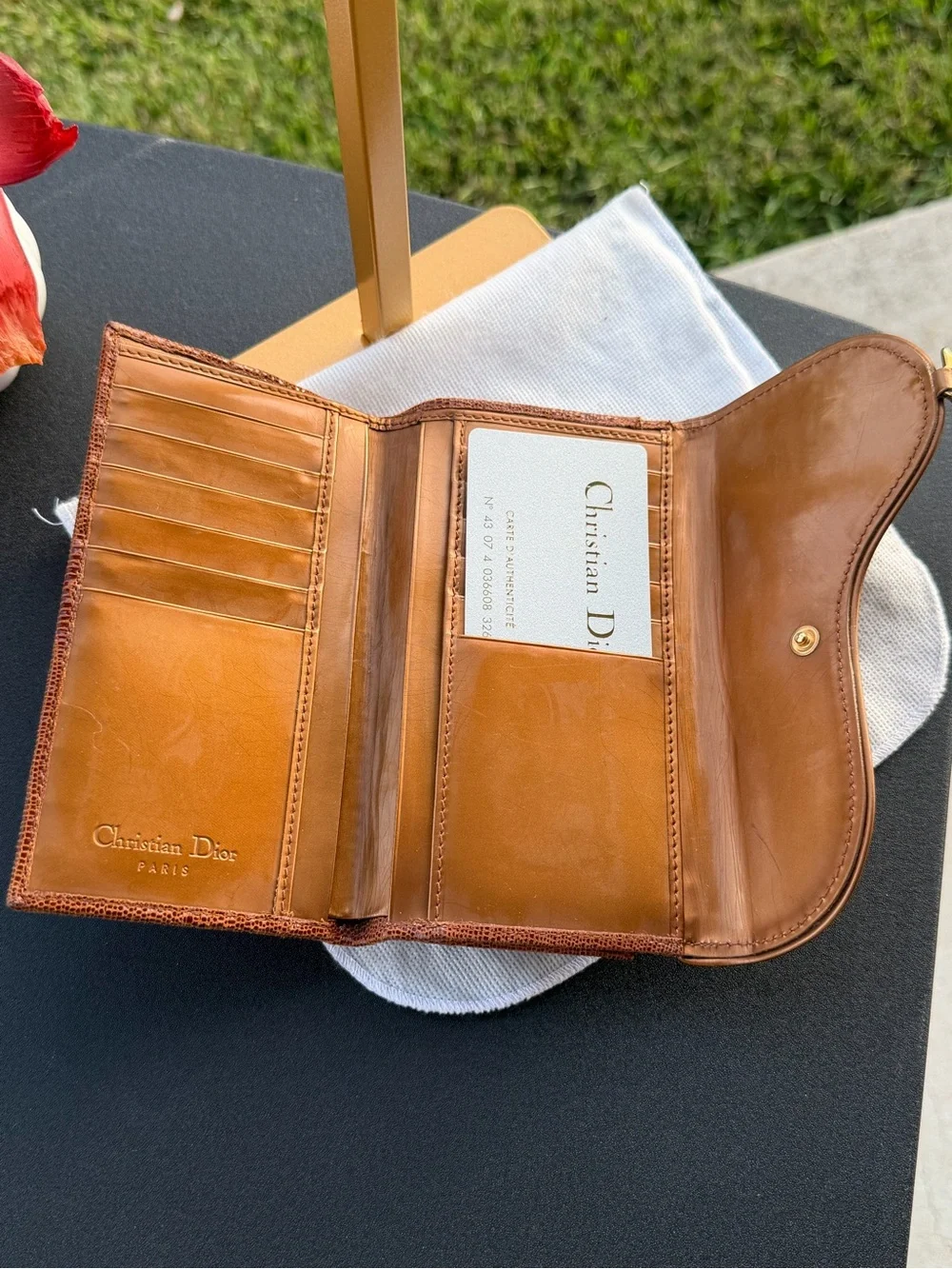 Dior Tan Leather Bi-Fold Wallet with Lizard-Trim